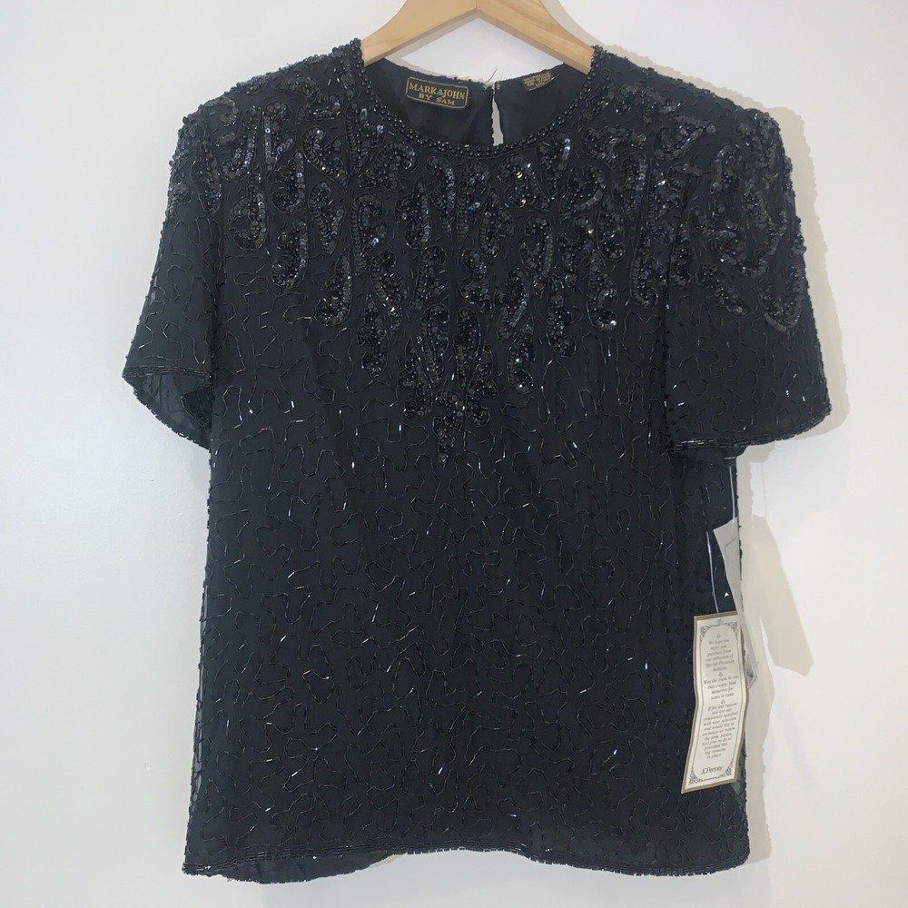 Mark & John by Sam Womens Blouse Medium Black Silk Beaded Sequins Short Sleeve